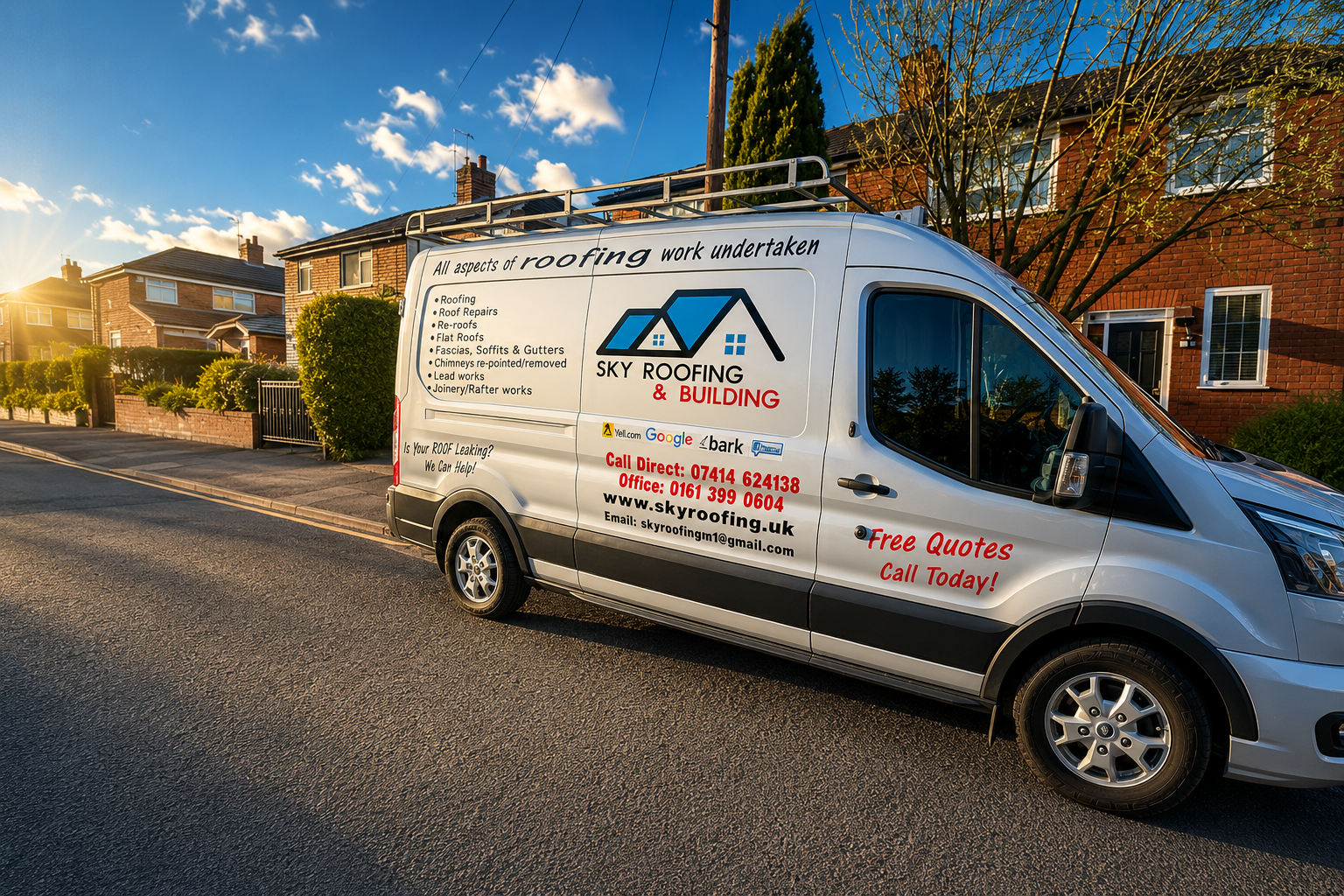 Promotional image of a Sky Roofing & Building van on a residential street