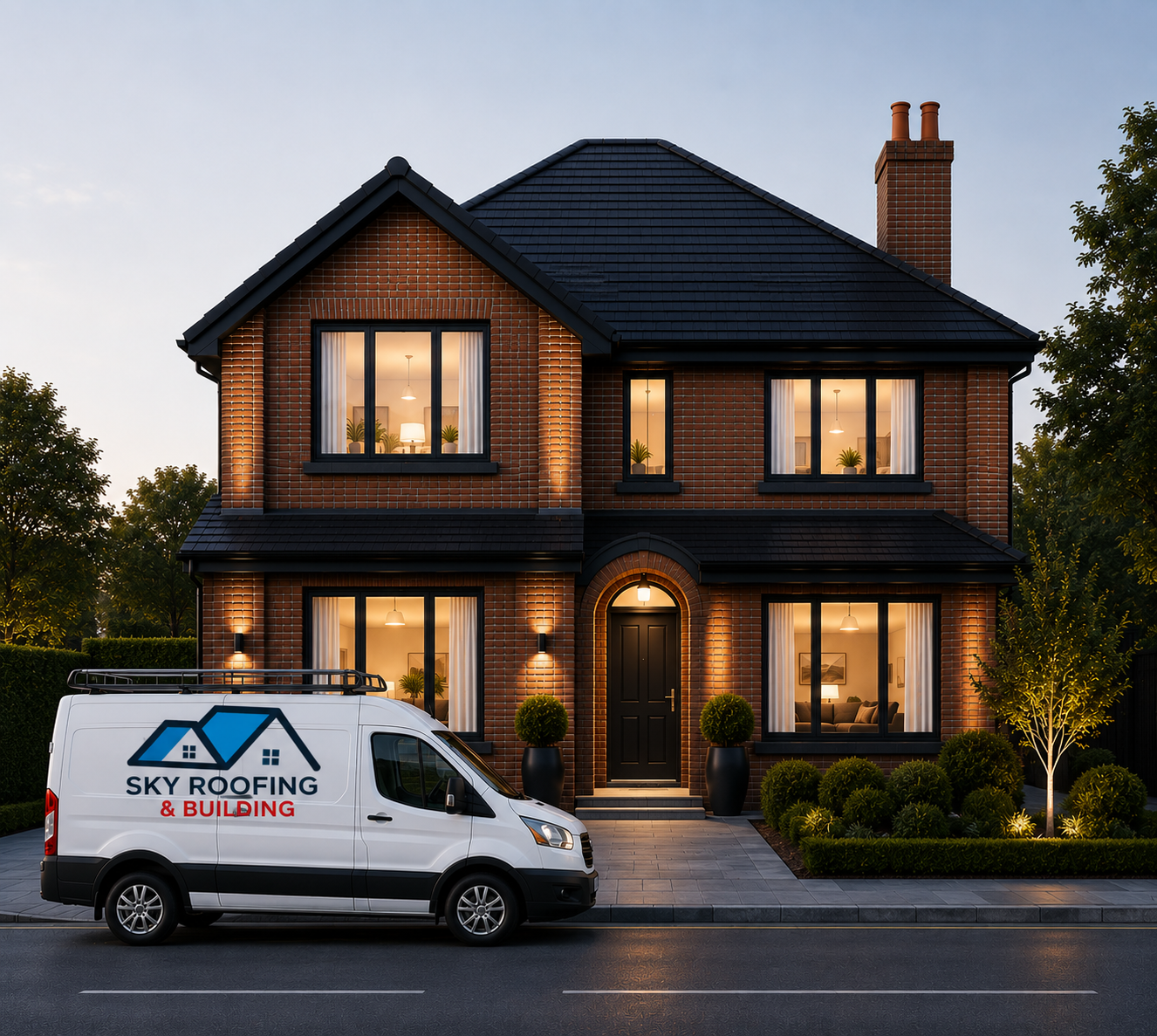 A detached house with the Sky Roofing & Building van parked outside